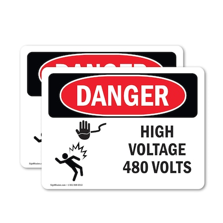 Signmission High Voltage 480 Volts Danger Sign, Vinyl Decal, 18in W x 12in L, 2PK OS-2PACK-DS-D-1218-L-2200